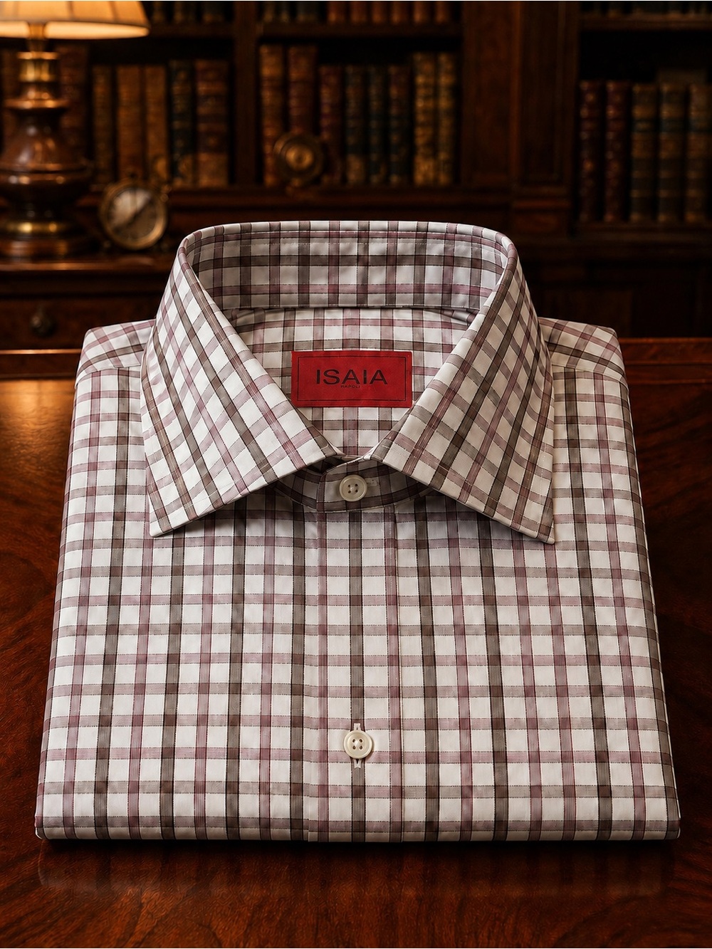 Isaia Men's Burgundy and Brown Windowpane Dress Shirt